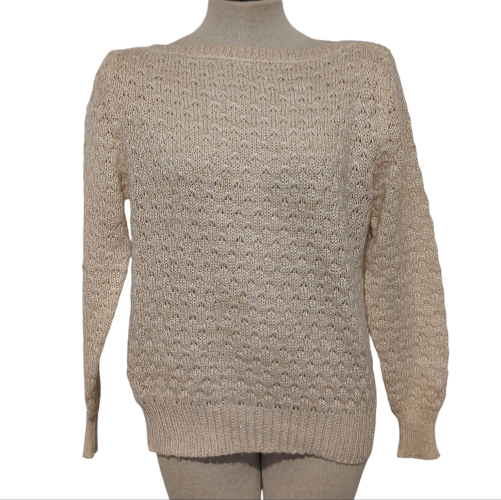 Vtg The Import Workshop Womens L Pullover Sweater Cream With Metallic Thread-303